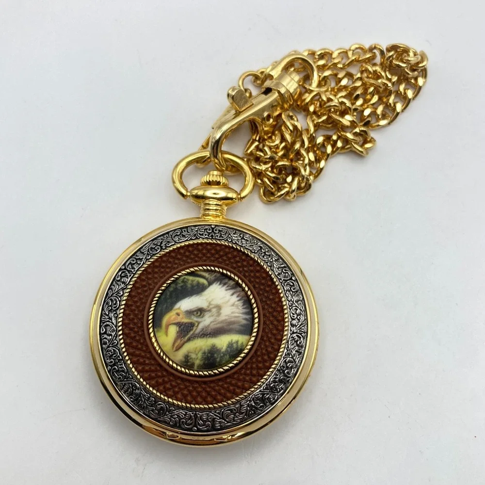 Franklin Mint Pocket Watch Alaskan Chilkat Bald Eagle w/Chain 51mm New Battery